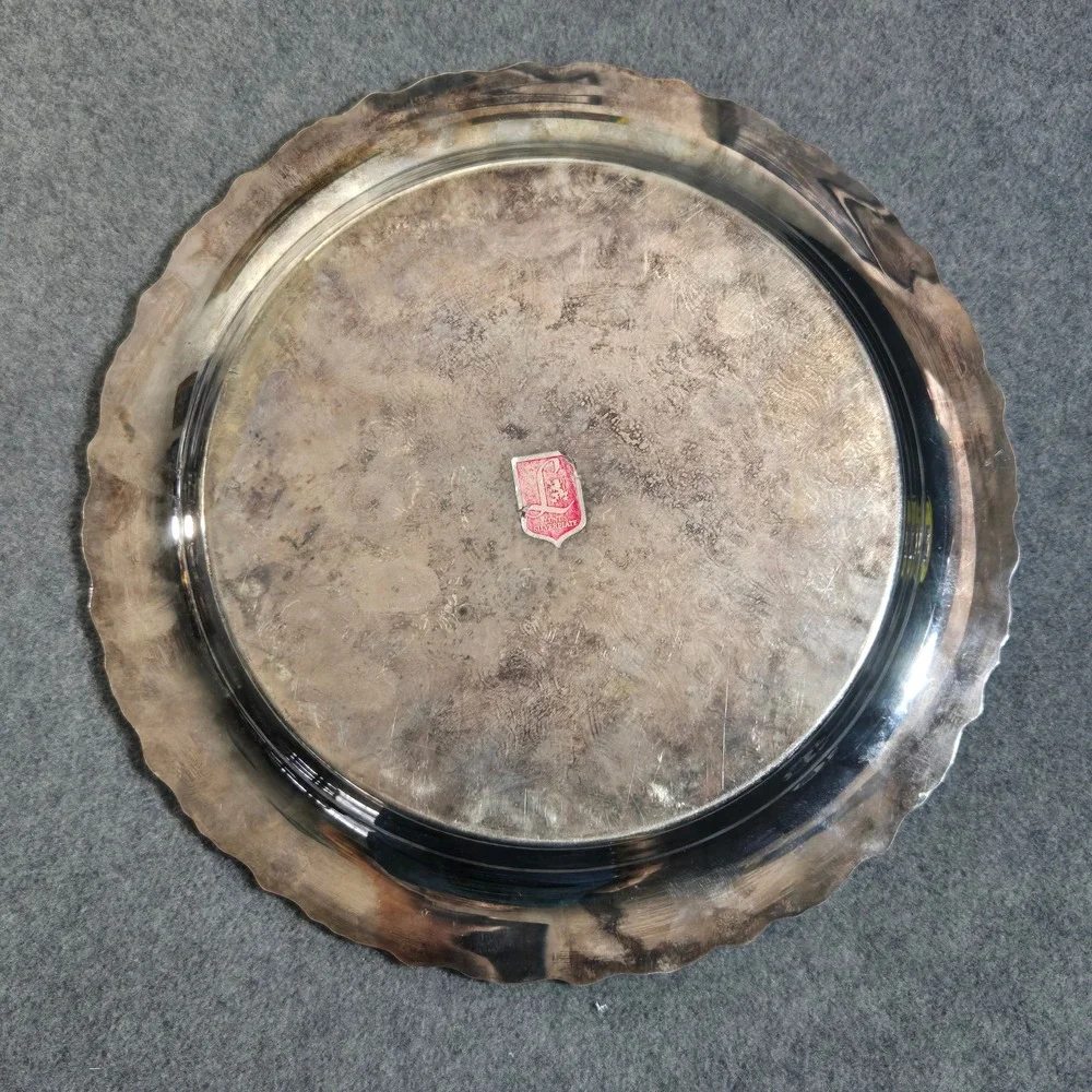 Lunt Silverplate Round Serving Tray Repousse Floral Scalloped Edge 12 Inch